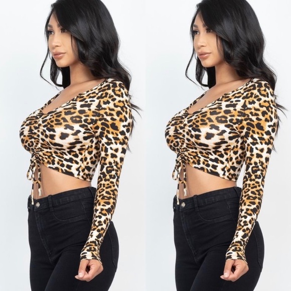 LEOPARD PRINT LONG SLEEVE RUCHED CROPPED TOP SHIRT - Picture 6 of 6